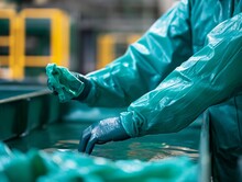 A Person In A Green Suit Is Holding A Piece Of Plastic In A Green Container. The Plastic Is Wet And The Person Is Wearing Gloves