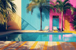 Colorful summer resort with swimming pool, sunbeds and palm trees. Creative outdoor design with vivid colors.