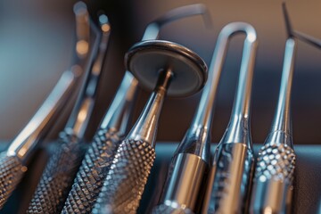 Wall Mural - A close up of four metal dental instruments