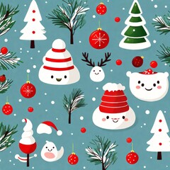 Canvas Print - christmas seamless pattern with snowman and tree on green background. new year holiday background cute cartoon characters.