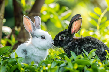 Wall Mural - Two rabbits are kissing each other in a green field