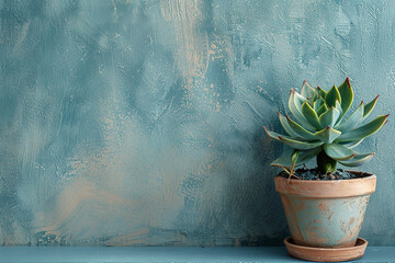 A small plant in a pot sits on a blue wall