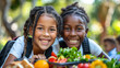 Two multiracial elementary school students joyfully sharing a healthy meal in lunchboxes. Generative ai