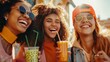 Smiling teenage girls drinking and enjoying Matcha Bubble boba milk tea with tapioca pearls. Summer drink concept. Generative ai