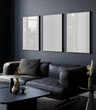 Three vertical wooden frame mockup in dark  home interior with brown black sofa and decor, 3d render