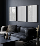 Fototapeta  - Three vertical wooden frame mockup in dark  home interior with brown black sofa and decor, 3d render