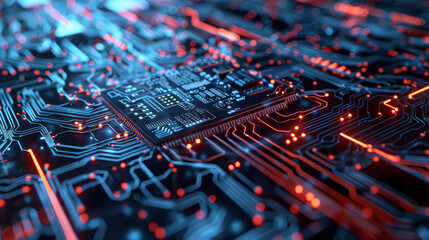 Poster - A computer chip is shown in a close up with a blue and red background