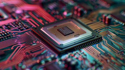 Poster - A computer chip is shown in a close up of a circuit board