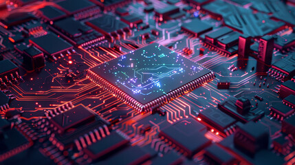 Poster - A computer chip is shown in a close up of a circuit board