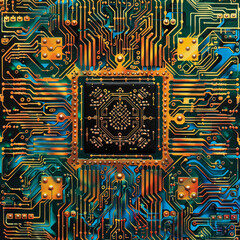 Poster - A colorful computer chip with gold and blue parts