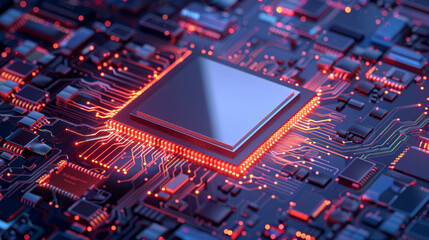 Poster - A computer chip is lit up in orange