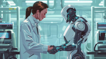 Poster - A woman is holding hands with a robot