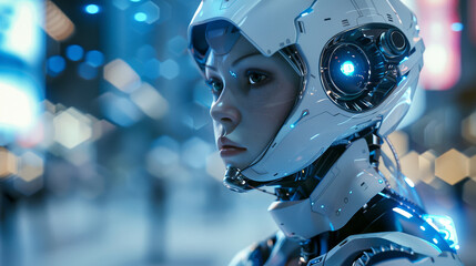 Poster - A woman in a white helmet with blue lights on it