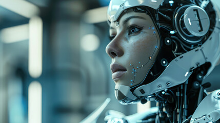 Poster - A woman in a white robot suit with blue eyes