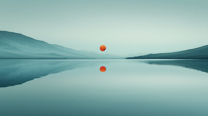 Wall Mural - A large orange ball is floating in the sky above a calm lake