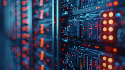 Poster - A computer server room with many red lights