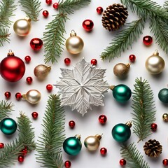 Wall Mural - christmas composition with tree decorations, fir branches and balls on light background