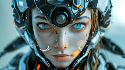 Poster - A woman with a robotic face and a red glowing eye