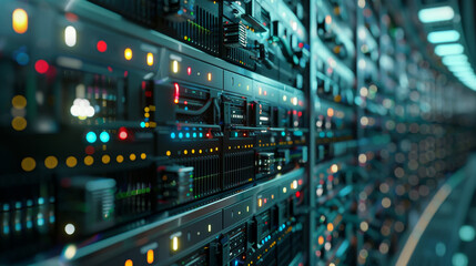 Poster - A computer server room with many servers and cables