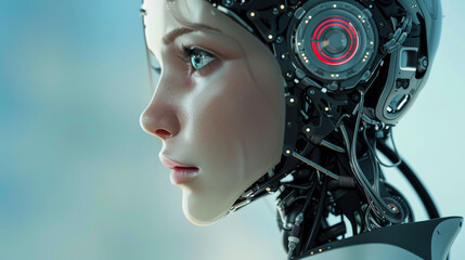 Poster - A woman with a robotic face and a red glowing eye