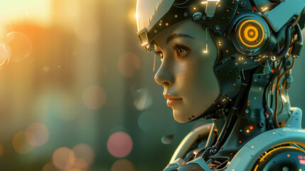 Poster - A woman in a futuristic robot suit with a glowing face