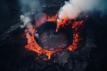 Wall Mural - volcano eruption from a bird view. volcano crater and magma flow shot from above. genertated ai.