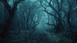 A dark forest with trees and a foggy atmosphere
