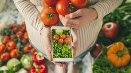 Poster - Woman Holding Cell Phone With Tomatoes