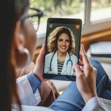 Fototapeta  - Woman Holding Tablet With Picture of Doctor