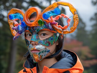 Wall Mural - A woman wearing a mask with a blue and orange design. The mask is made of plastic bottles and has a fish-like appearance. The woman is standing in front of a forest, with trees in the background