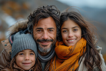 Poster - A family posing in front of a scenic backdrop, creating lasting memories together. Concept of family bonding and togetherness. Generative Ai.