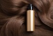 Top view of golden bottle of cosmetic product on brown curls. Hair coloring and salon professional care. Ai generation
