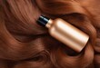 Top view of golden bottle of cosmetic product on ginger-red curls. Hair coloring and salon professional care. Ai generation