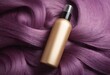 Top view of golden bottle of cosmetic product on lilac purple curls. Hair coloring and salon professional care. Ai generation