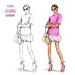 Fashion coloring illustration. Beautiful woman in pink dress. Stylish girl full length body. Fashion illustration 