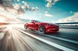 Red supercar speeding through turn on high-speed highway on a sunny day with motion blur