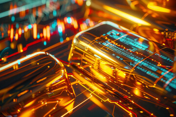 Fototapete - A computer chip with a gold surface and a blue background