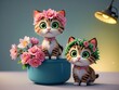 A group of cute cats with a wreath of pink flowers