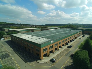 A large building with a green roof and a lot of windows. The building is surrounded by parking lots and trees