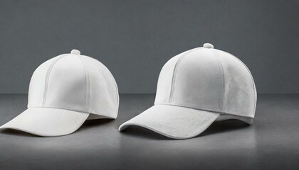 White baseball caps mockup on a grey background, front and back side