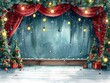 A stage with a red curtain and a Christmas tree in the background. The stage is empty and the lights are on