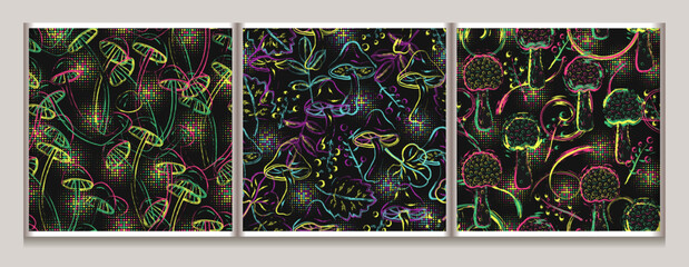 Wall Mural - Set of patterns with fantasy mushrooms. Grunge outline illustration. Bright unusual nature objects in neon fluorescent colors. For fairytale, groovy, hippie, mystical, surreal design