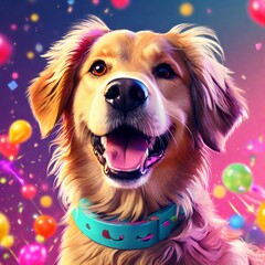 Canvas Print - portrait of happy golden dog with big colorful eyes, confetti and balloons, rainbow background, new year 2