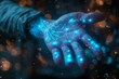 Cybernetic Hand with Glowing Blue Digital Particles
