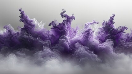   A collection of purplish smoke balls hovering against a light gray backdrop and a white wall