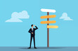 Business graphic vector modern style illustration of a business person next to a signpost representing lost no direction unsure indecisive which way to go or which decision to make