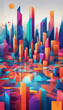 Bright Futuristic Cityscape with Geometric Forms and Saturated Colors