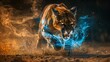 A majestic mountain lion shrouded in dynamic blue flames, running aggressively through a sandy terrain.