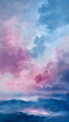 An artwork featuring azure sky, purple clouds, and liquid water