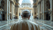 The camera captures the Pope's serene profile from behind, framed by the vast expanse of the Vatican Cathedral's interior, evoking a sense of timeless devotion.